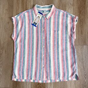 NWT Orvis Linen Blend Multi Striped Button Down Shirt Size Large